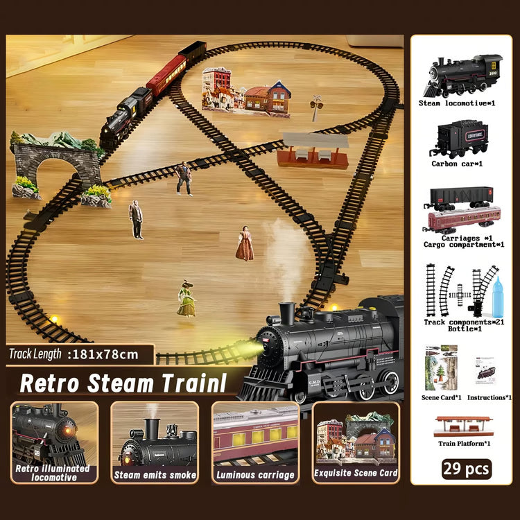 Electric Railway Train Set – Steam Locomotive with Smoke, Light & Sound